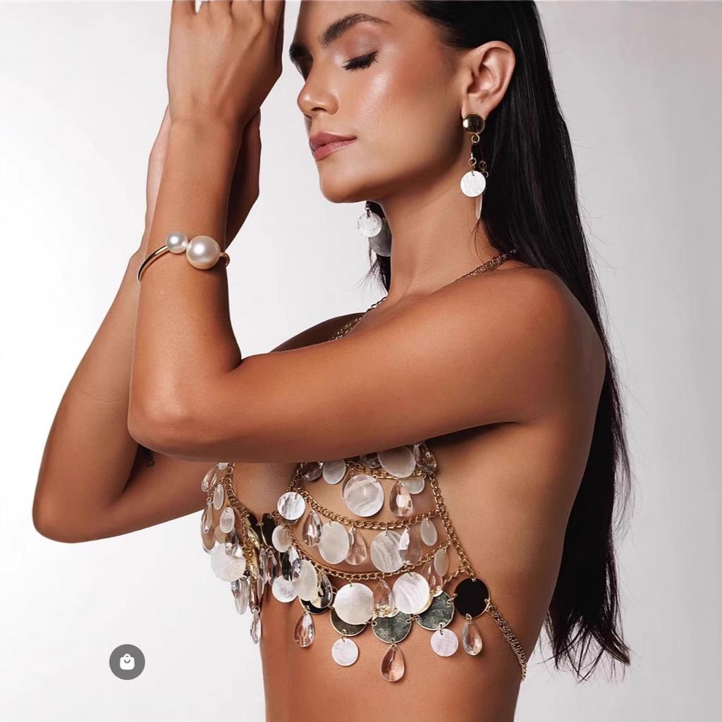 Sequin Tassel Halter Body Chain Party Crop Top