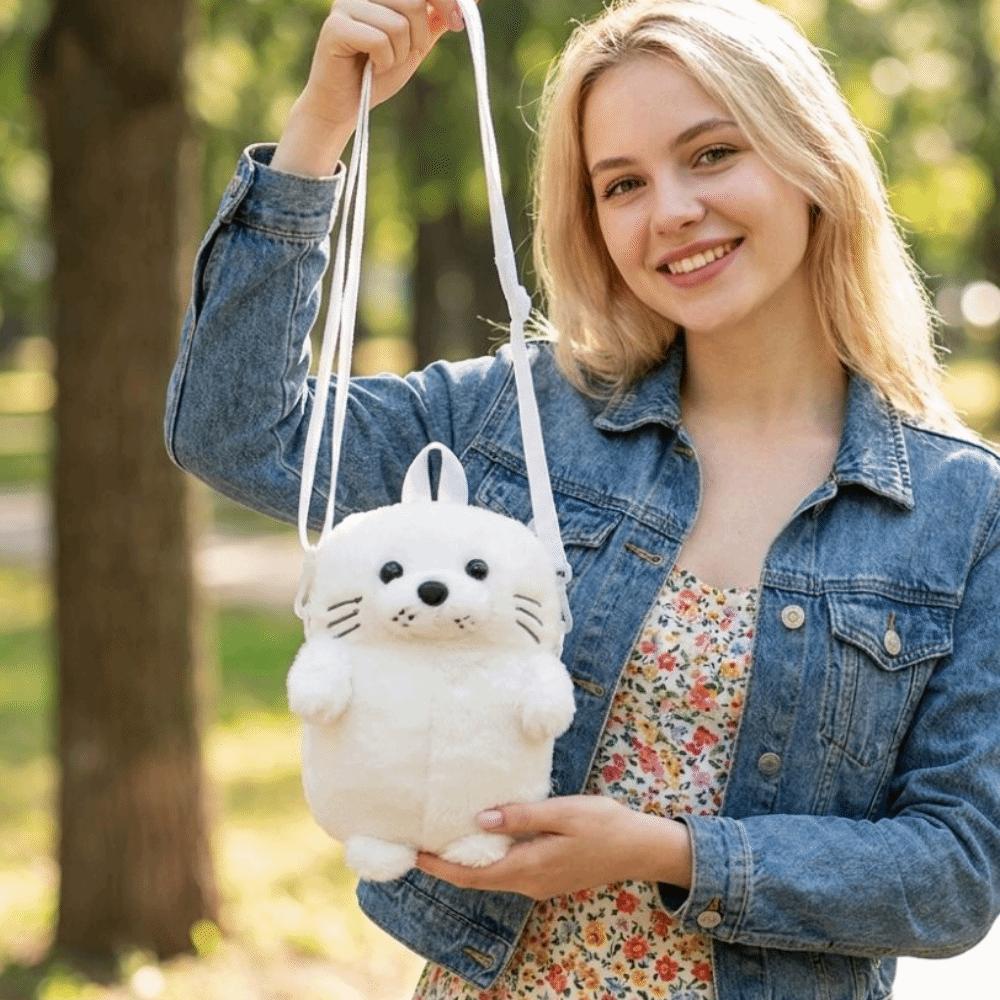 Soft Fluffy Cute Seal Shoulder Bag Cartoon Adjustable Straps Phone Bag Lightweight Fabric Crossbody Bag Women's Accessories