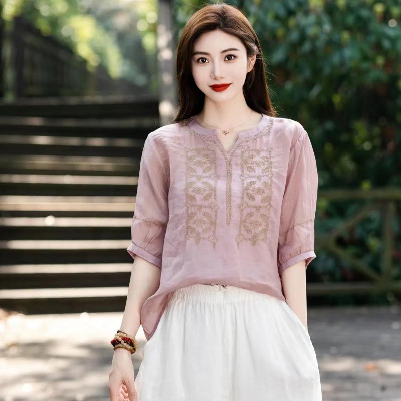 Literary Heavy Industry Embroidery V-neck Embroidered Solid Color Cotton and Linen Shirt Sun Protection Shirt Summer Three-quarter Sleeve Thin Top