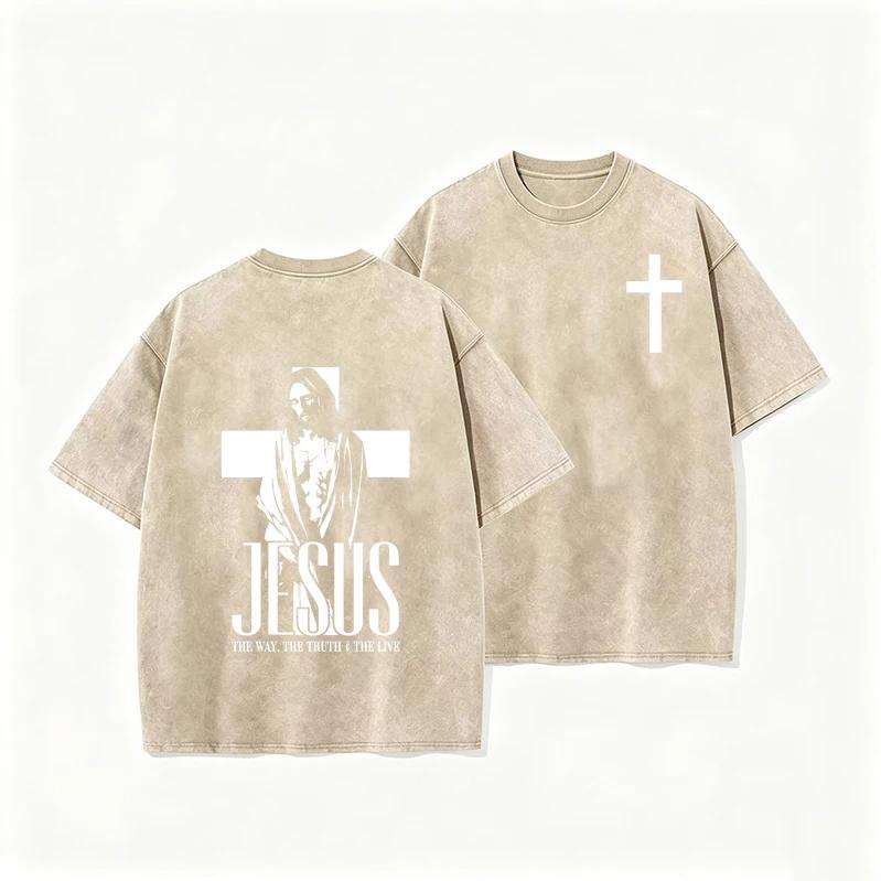 Retro Acid Wash Oversized T-Shirt Front Small Cross Back Jesus Figure Inspirational Text Casual Tops Asian Size