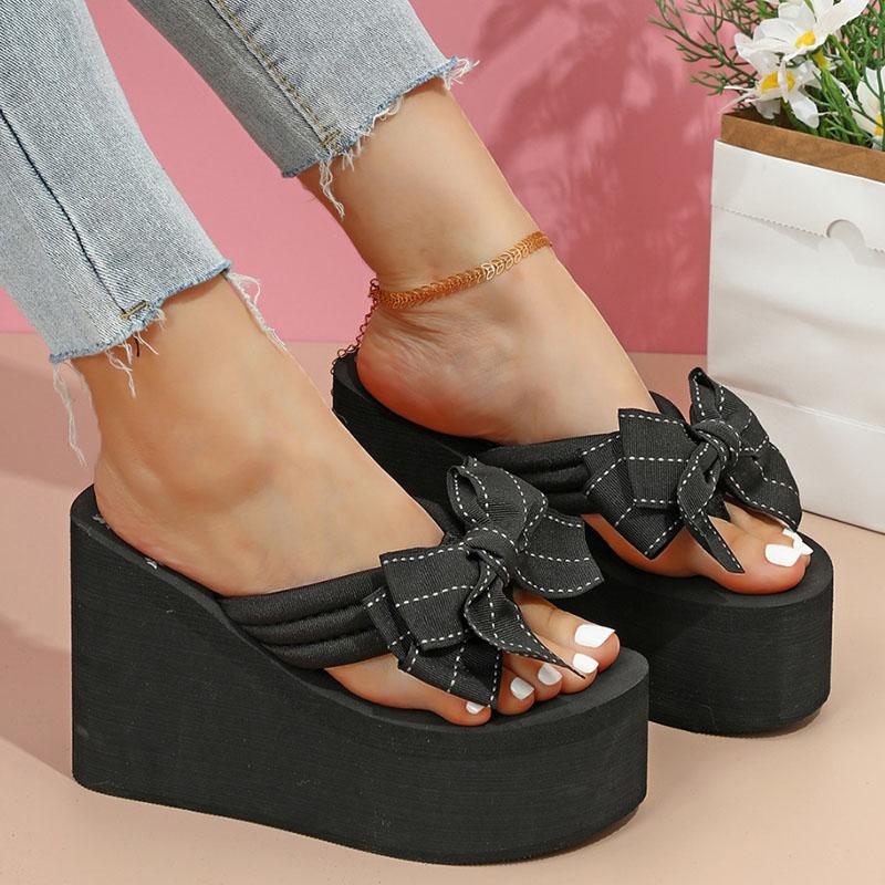 Fashion Bowknot Decor Platform Flip Flops for Women Fashion Thick Bottom Wedges Sandals Woman Summer 2025 Super High Heel Beach Slippers