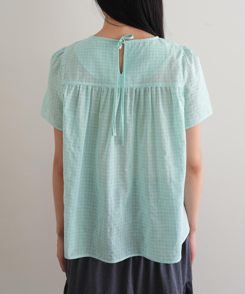 NAATS Check Shirring Half Blouse, Mint