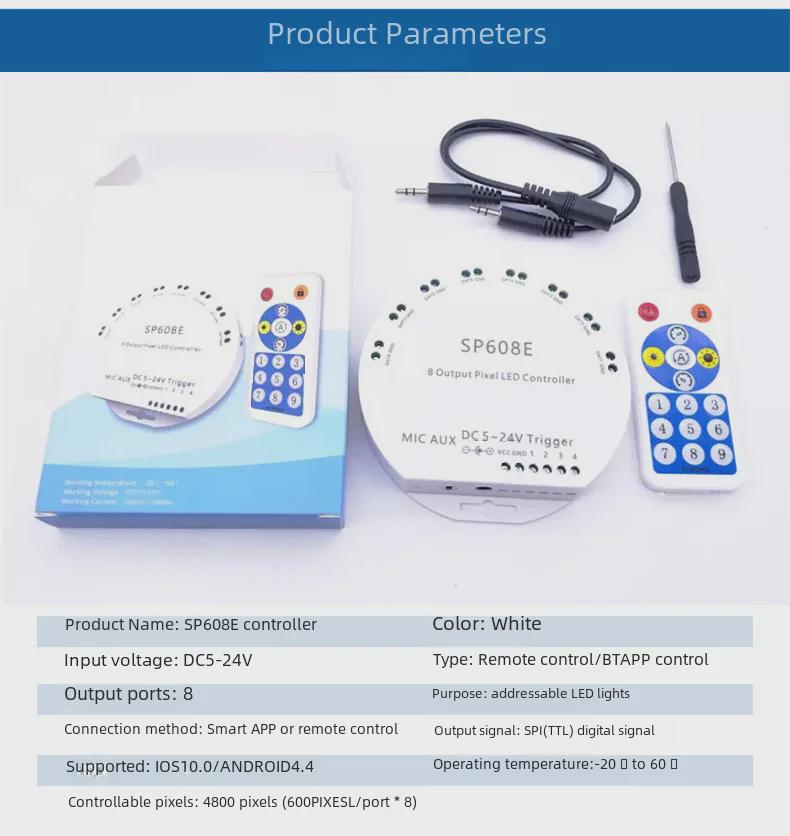 SP608E Mehrfarben-Lichtleisten-Controller: Bluetooth mit 8 unabhängigen Kanälen, kompatibel mit mobiler App, intelligente Fernbedienung.