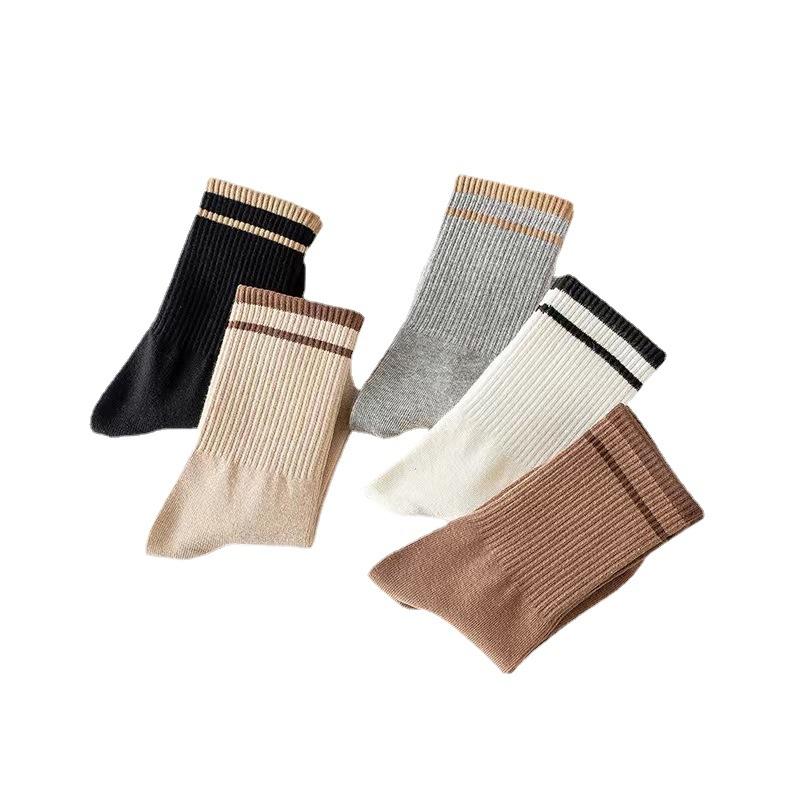 5 Pairs of Socks, Women's Mid-calf Socks, Sports Socks, Striped Two-bar College Cotton Socks, Casual and Breathable