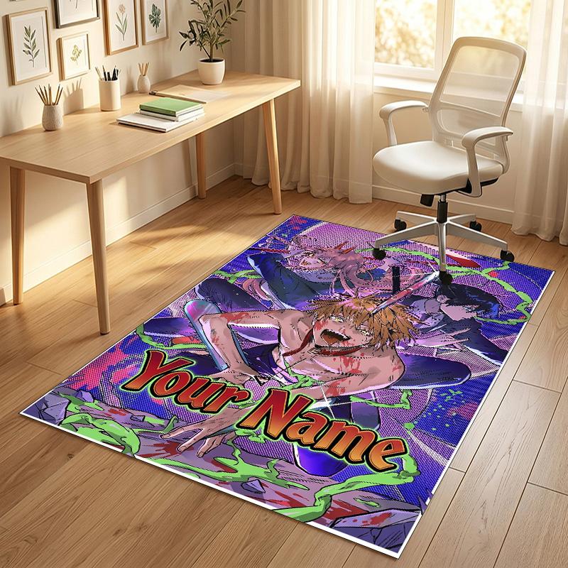 Personalized Crystal Velvet Carpet,Chainsaw Man Custom Printed Name, Plush Area Rug For Home Indoor Decor