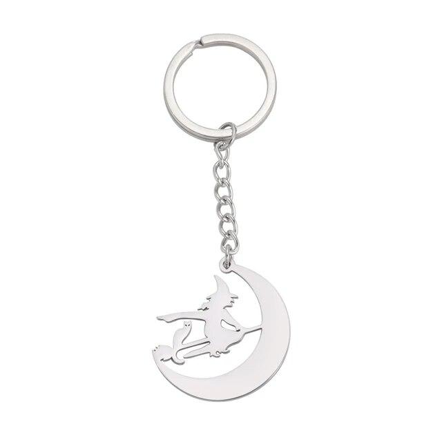 COOLTIME Halloween Cartoon Witch Cat Moon Keychain for Women Men Stainless Steel Gold Color Key Ring Holder Friends Gift Jewelry