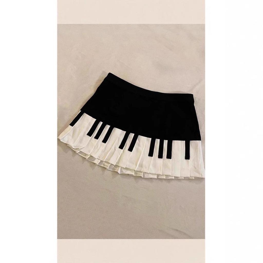 Dam Högmidjad Svart & Vit Retro Piano Plisserad Kroppsnära Midi Kjol