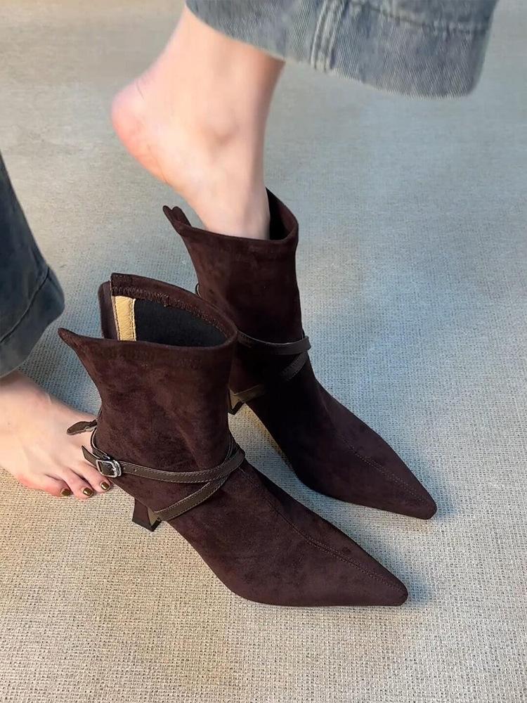 High Heel Rear Zipper Thin Boots Women'S Matte Belt Buckle Pointed Temperament Short Boots Retro Thin Heel Single Boots