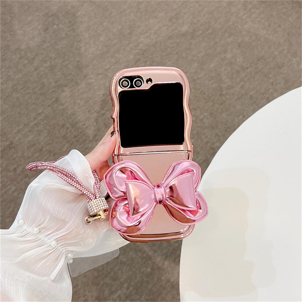 Big Leather Bowknot Phone Case For Samsung Z Flip 4 z flip 6 5 3 Bracelet Cover For Galaxy Z Flip5 Plating Wavy Cases