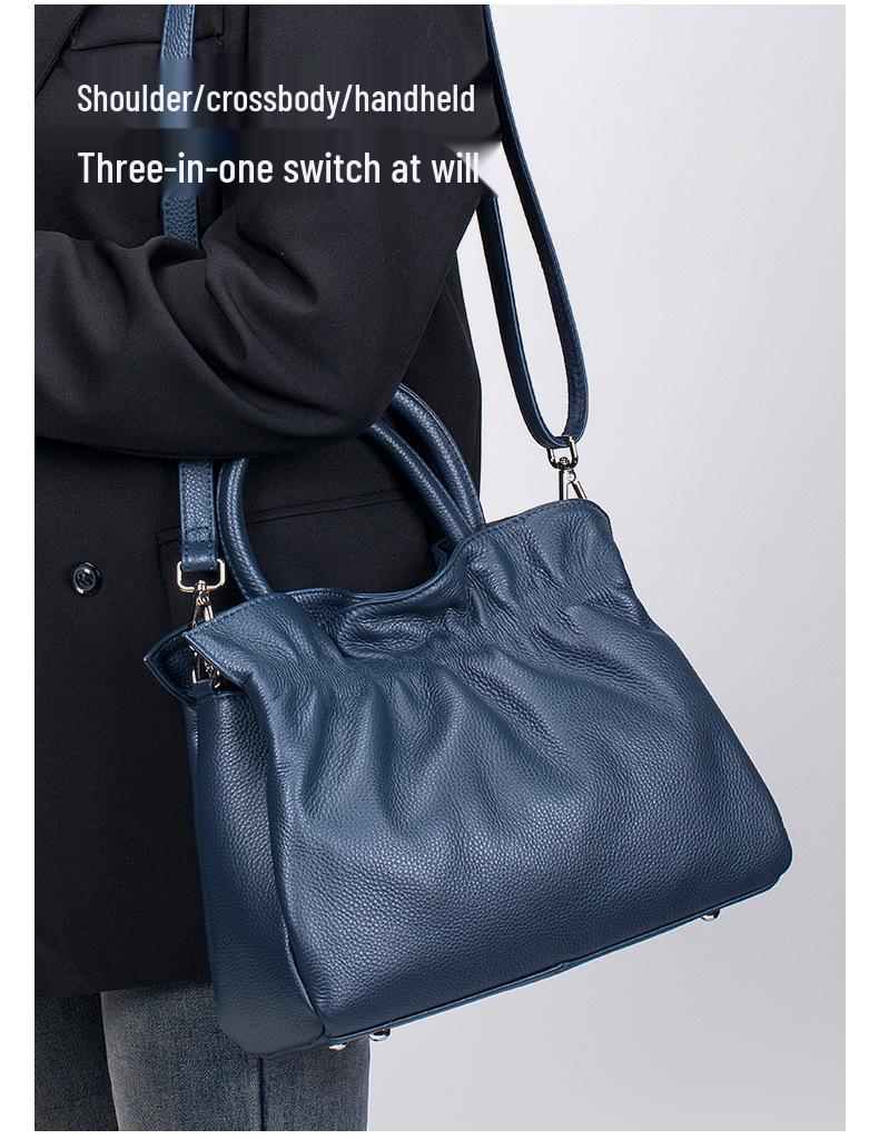 European & American Fashion Pleated Cowhide Leather Women's Handbag – Large Capacity Shoulder/Crossbody Bag