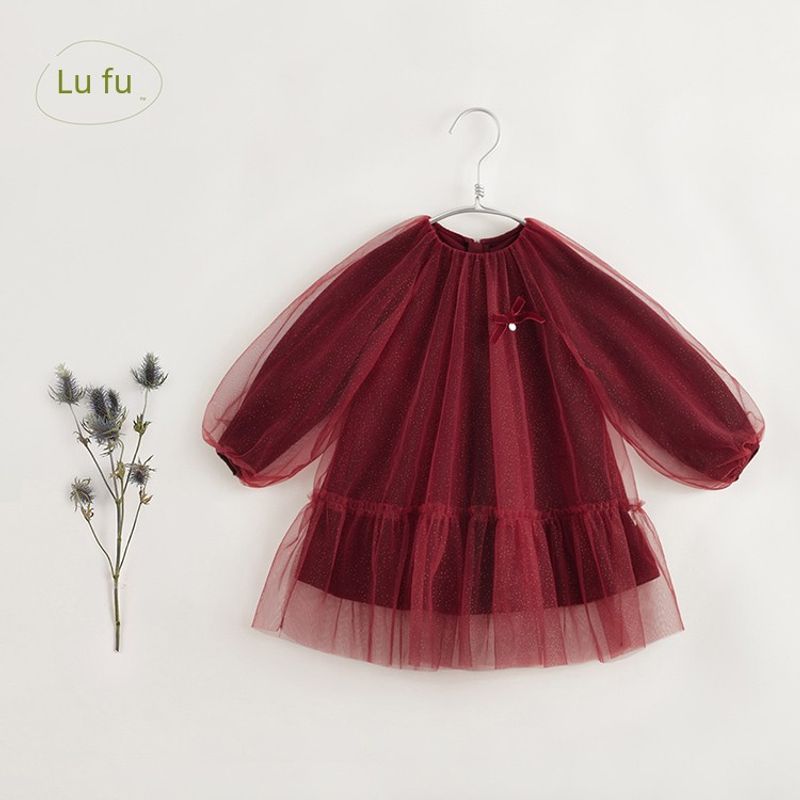 Mark Jenny French-Style Elegant Girls  Sun Velvet Bow Mesh Dress Red New Year Winter Style 231576 New Year Red (Firework Red) 100