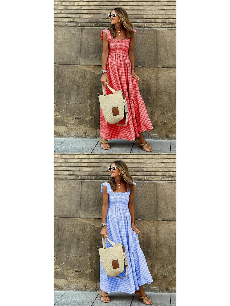 European American Women's Retro Plaid Sleeveless Maxi Dress with Thin Straps & Ruffles