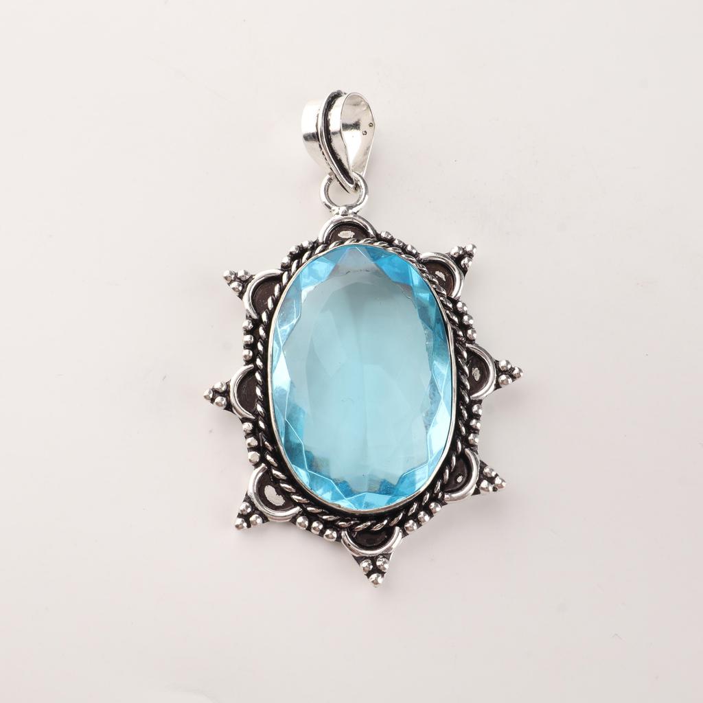 Sky Blue Topaz Gemstone Silver Boho Pendant 2.5" , 925 Sterling Silver Jewelry For Her APP-1-3