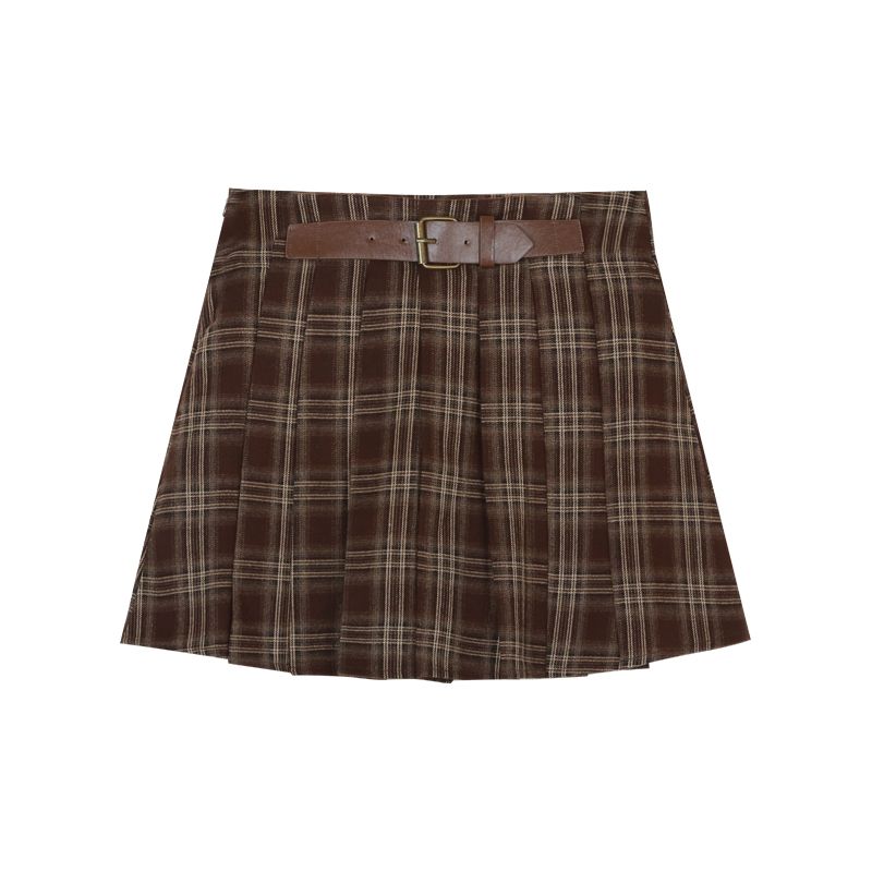 

College Style Brown Winter High Waist Tartan Skirt Brown Skirt L