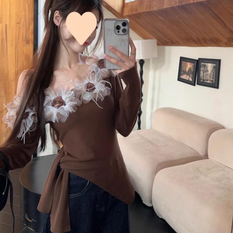 

Женская блузка с длинным рукавом на одно плечо с цветочной аппликацией, осенняя, приталенная, с завязками сзади, шикарный приталенный топ с открытыми плечами XL