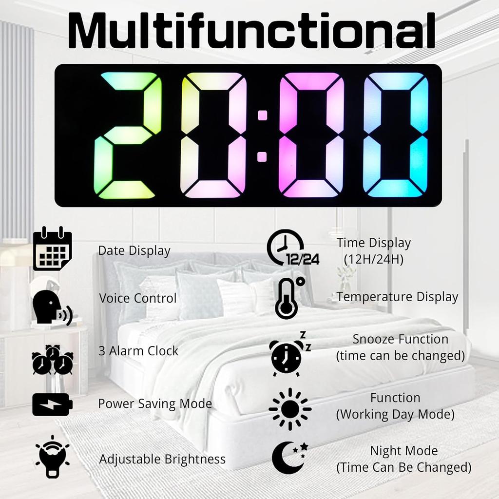 Ceas cu alarmă digital Ceas de birou alimentat prin USB/baterie cu ecran LED colorat Afișaj temperatură Control vocal