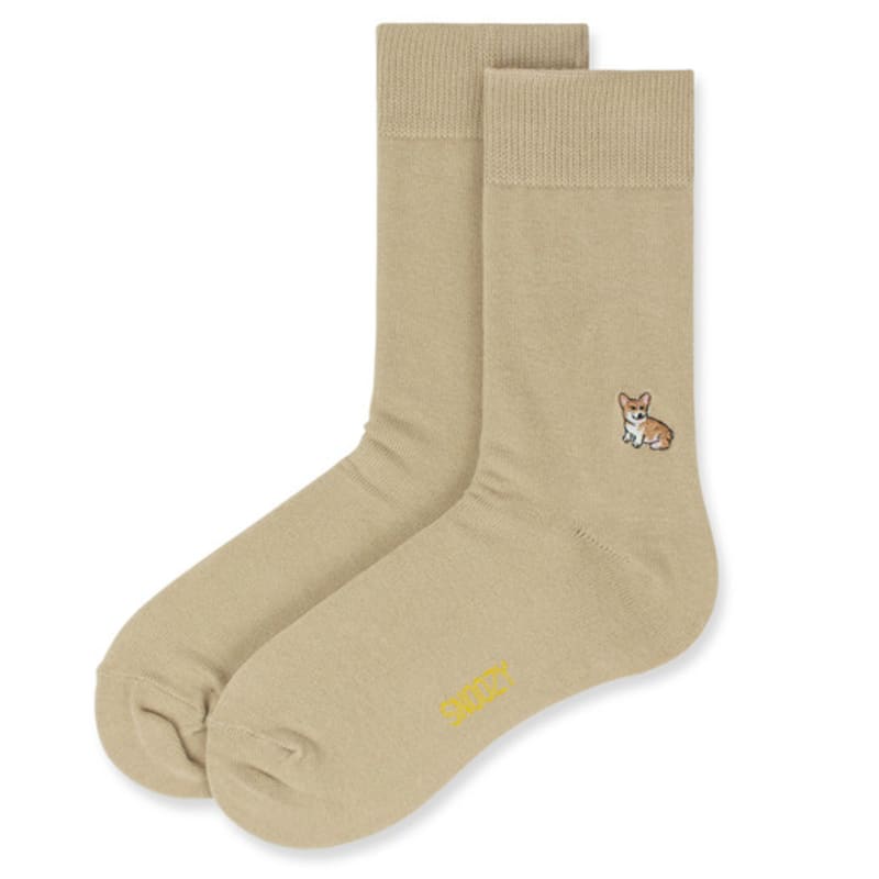 SNOOZY Welsh Corgi Puppy Embroidered Socks (Dark Beige)