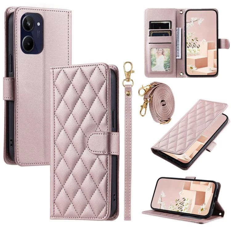 

For Realme 10 4G Case PU Leather Rhombus Grid Crossbody Phone Purse Cover