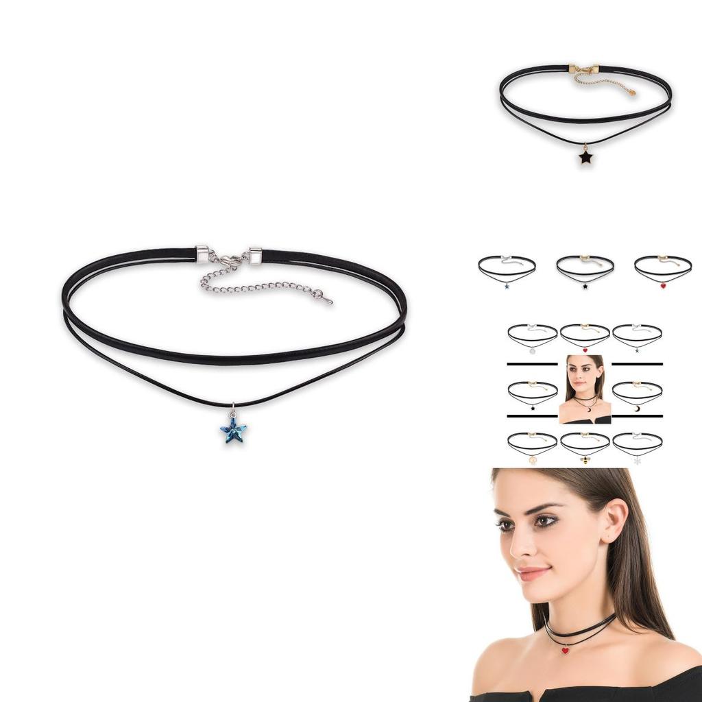 Trendy Pu Layered Choker Necklace For Women With Eye-catching Dual Heart And Star Pendants