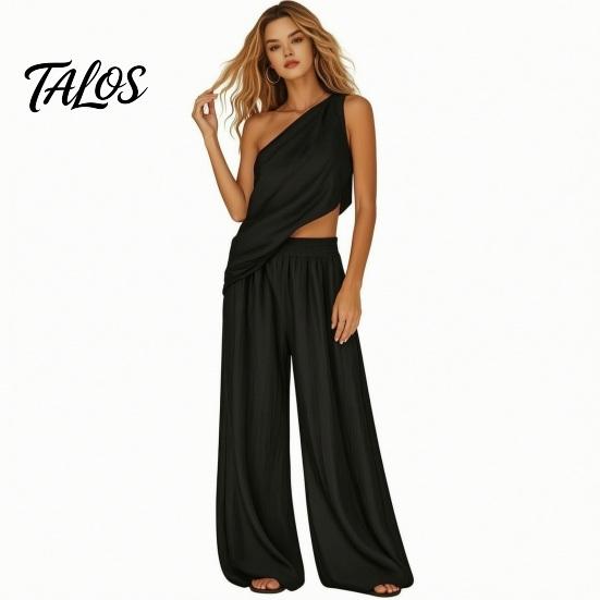 Talos Baumwoll-Leinen 2-teilige Sets für Damen, Ein-Schulter-Ärmelloses Oberteil mit Weitbeiniger Hose Passendes Set, Sommerurlaub Lounge Outfits