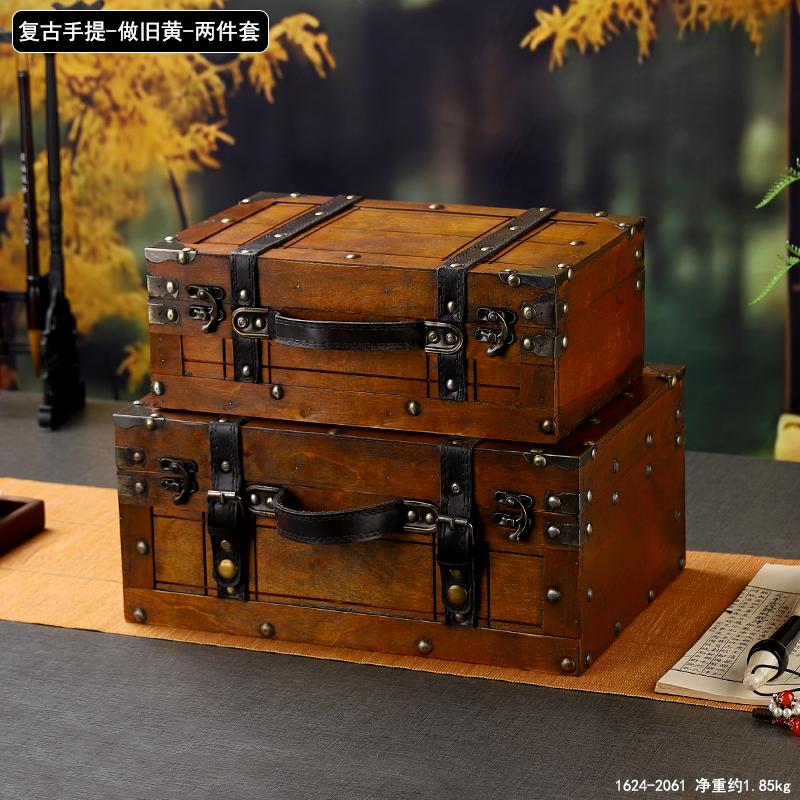 Retro European Wooden Handheld Storage Box Luxury Leather Suitcase Display Prop Box Family Storage Tools Wooden Case Leather