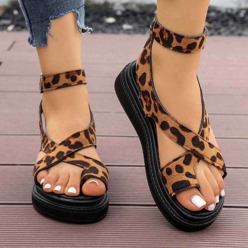 Women's Platform Sandals, Leopard Print Cross-Strap Thong Sandals, High-End Roman Summer Shoes