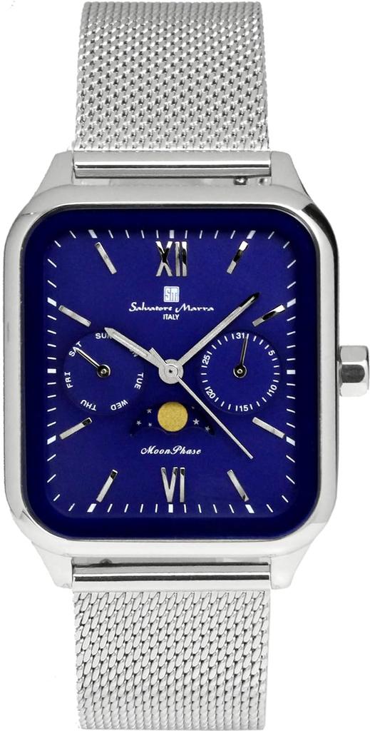 Salvatore Marra Square Moon Phase Watch with Stainless Steel Mesh Limited Edition Silver and Men's Multi-Calendar, Strap, Blue, SM24112-SSBLM