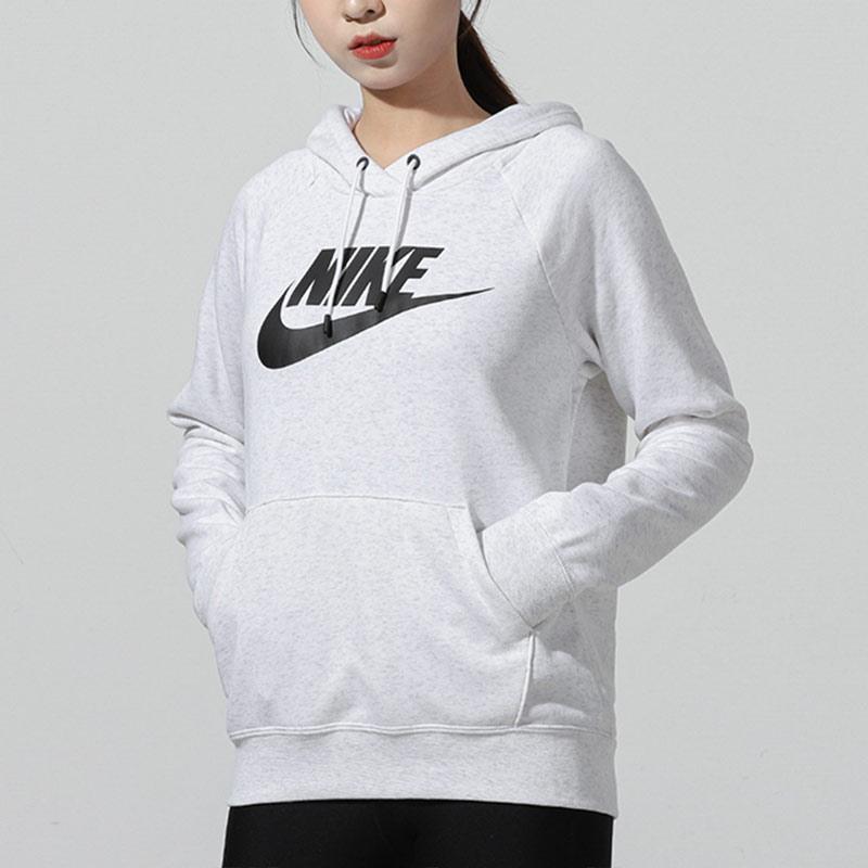 Nike Sportswear Essential Logo Print Knit Hoodie Pullover Women Tops Gray BV4127-051