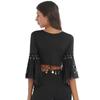 Womens Belly Dance Crop Top Lace Patchwork 3/4 Flared Sleeves Bell Bead Tassel Lace Up Detail Shawl Cardigan