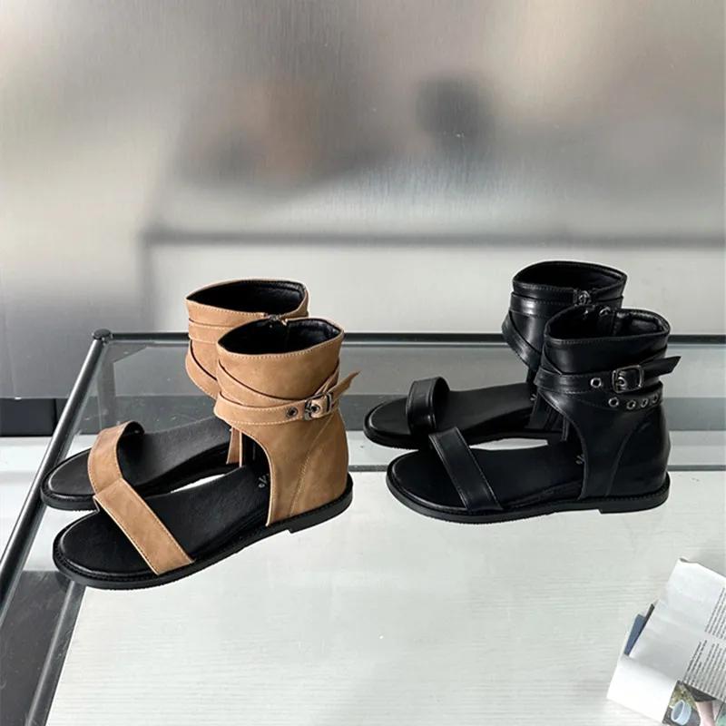 Fashion New Open Toe Ankle Boots Women Summer Fashion Rivets Belt Buckle Design Square Heel High-top Flat Sandals Elegant Leather Boots