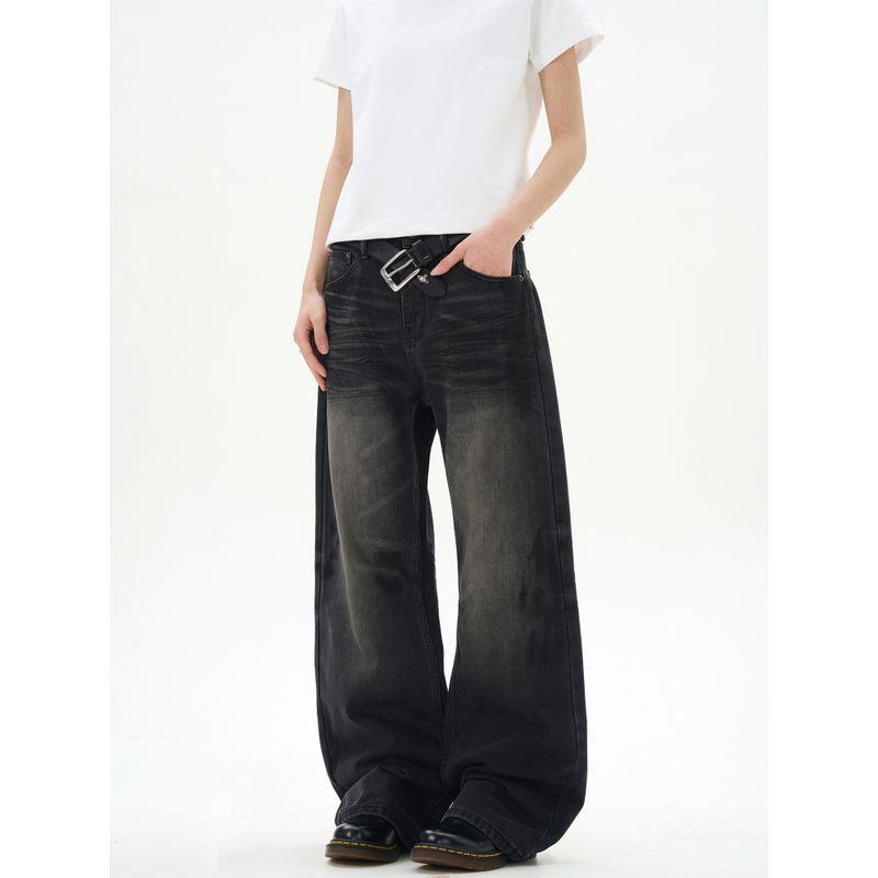 Kisko American Retro Washed Distressed Black Jeans for Men and Women, New Loose Straight-Leg Trendy Brand Pants