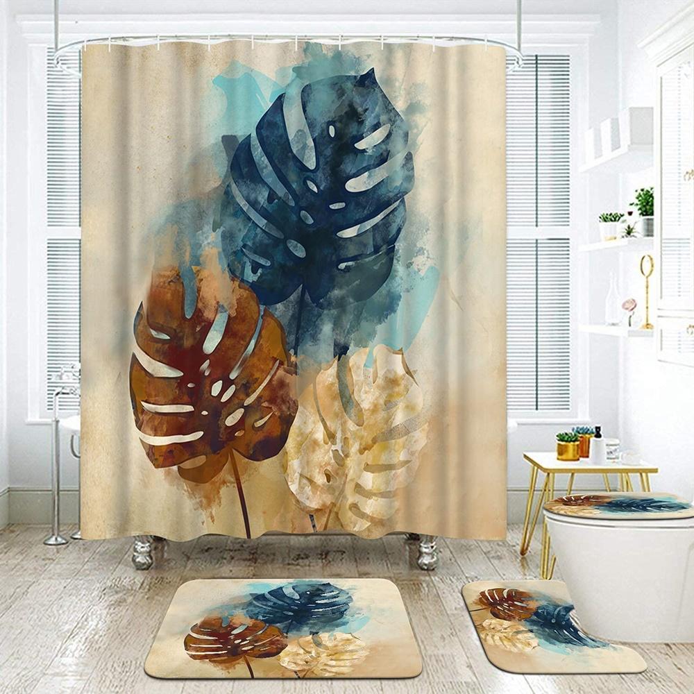 Green Leaves Shower Curtain Sets Spring Rural Plant Flower Bathroom Curtains Non-Slip Toilet Lid Cover Rug Baths Mats Home Decor