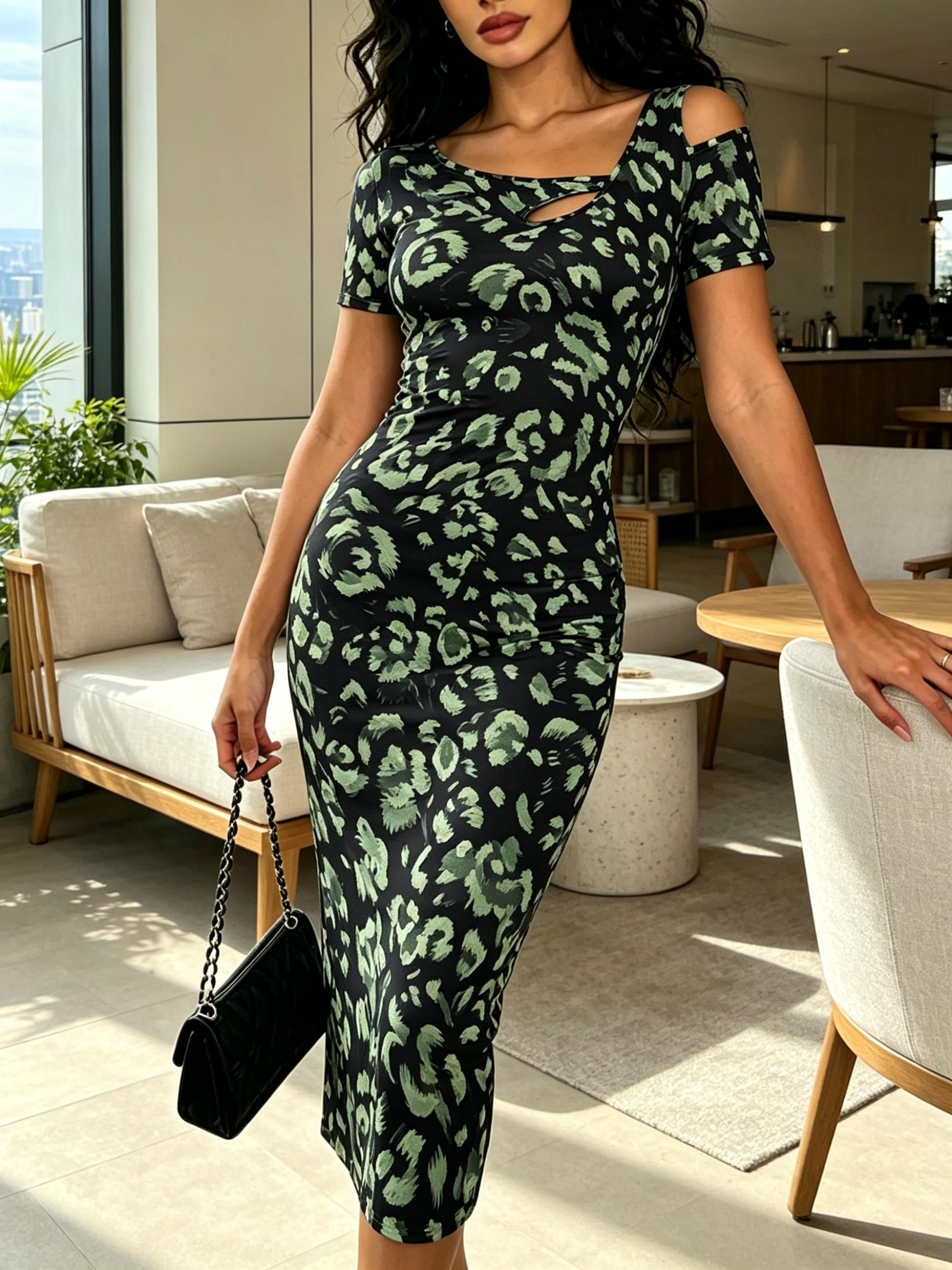 Women Summer Black Green Leopard Print Bodycon Midi Dress Cold Shoulder Slim Fit Sexy Cutout Elegant Dress XS