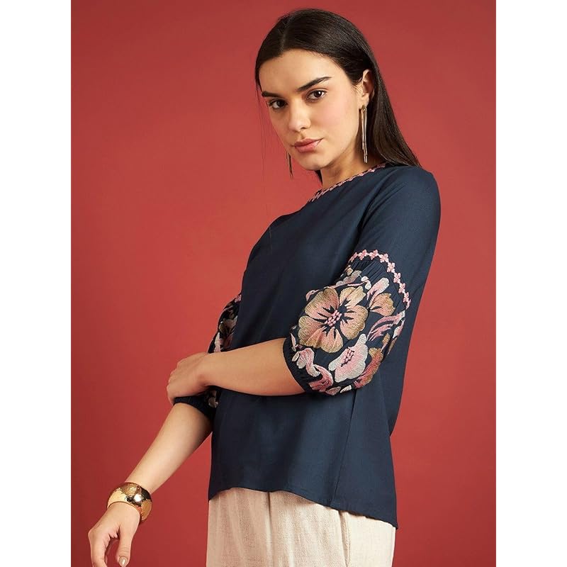 rytras Women s Embroidered Regular Top(Black,L) L