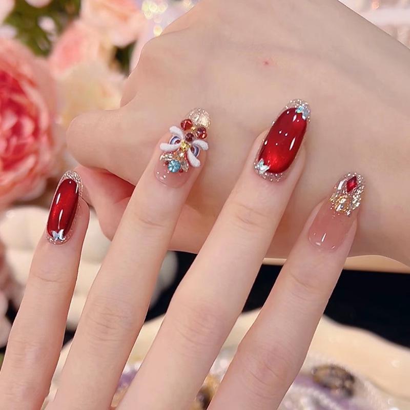 2026 Autumn/Winter Red Cherry Cat Eye Lion Dance Wearable Armor - Elegant Skin-Whitening Handmade Nail Art