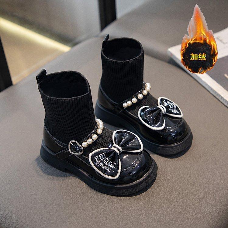 Girls Socks Boots Kids Ankle Boots with Bow-knot Fashion Elegant Glossy UK Uniform Children School Princess Boots Anti-Slippery