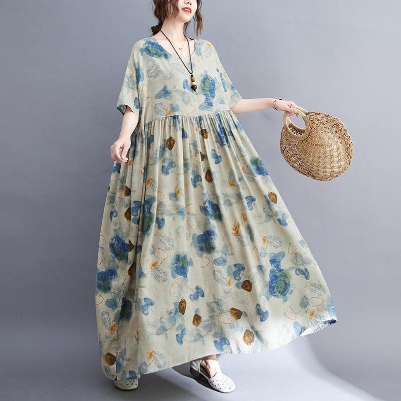 

DIMANAF Летнее платье больших размеров с цветочным принтом, повседневная женская одежда, большие размеры, новинка 2022, повседневное льняное платье с короткими рукавами и круглым вырезом One Size бежевый