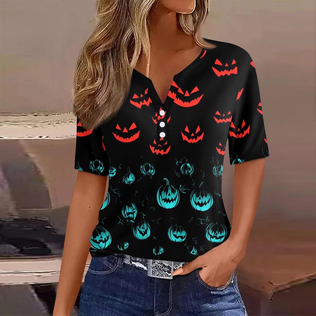 Women's T Shirt Tee Halloween Printed Button Short Sleeve Tunic Daily Weekend Fashion Basic V- Neck Regular Top