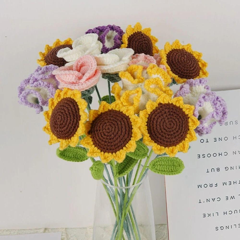 House Party Decoration Flower Art Knited Flower Table Fake Flowers Vase Ornament Sunflower Bouquet