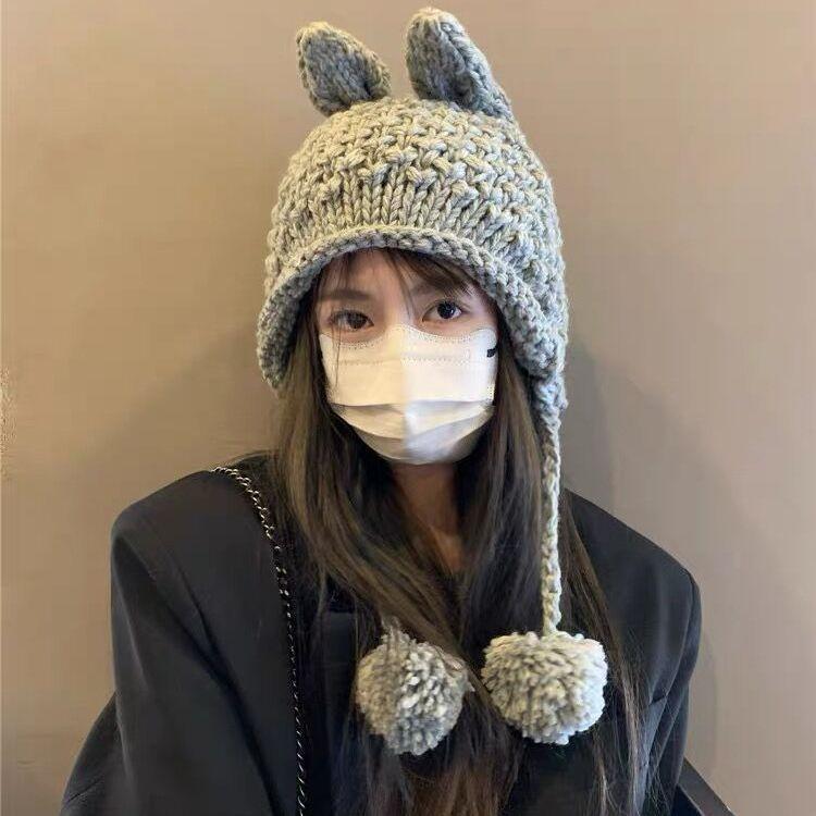 Cute Handmade Rabbit Ear Woolen Hat for Parent Child Autumn and Winter New Style Knitted Ear Protection Warm Lei Feng Hat