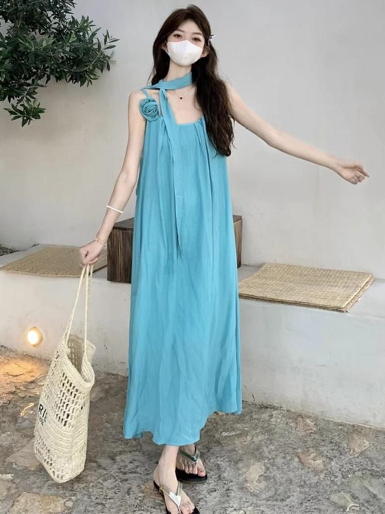 Bright color dopamine Thai summer neck sling dress women's seaside vacation Xinjiang travel wear long dress