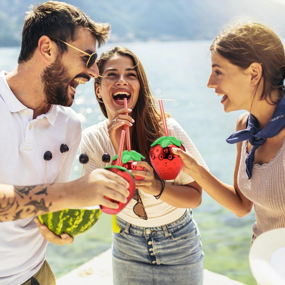 Spill Convenient Design Strawberry Straw Cup Cute Cartoon Shape Portable Water Bottle Pool Party