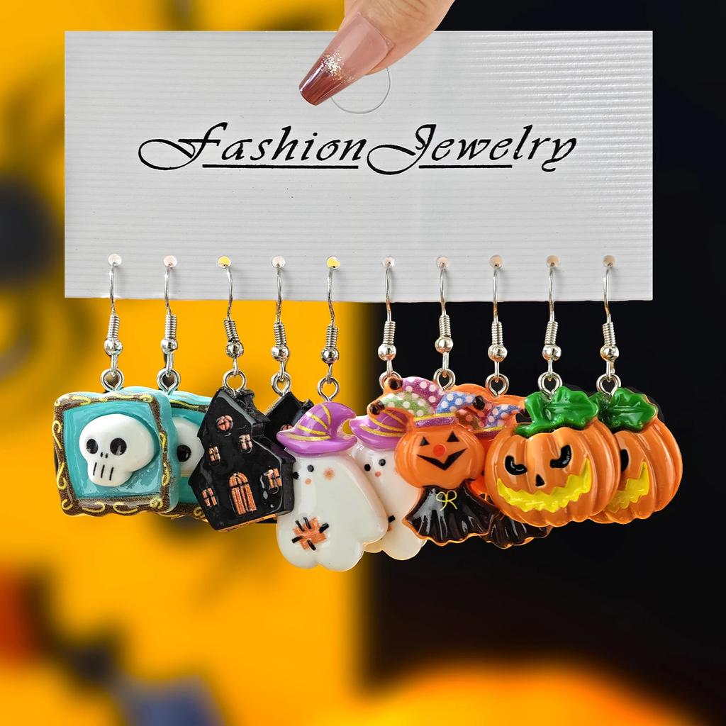 Neues Halloween Niedlich Lustig Kürbis Fledermaus Geist Schwarze Katze Spinne Hexenhut Harz Anhänger Ohrringe Halloween Geschenkset