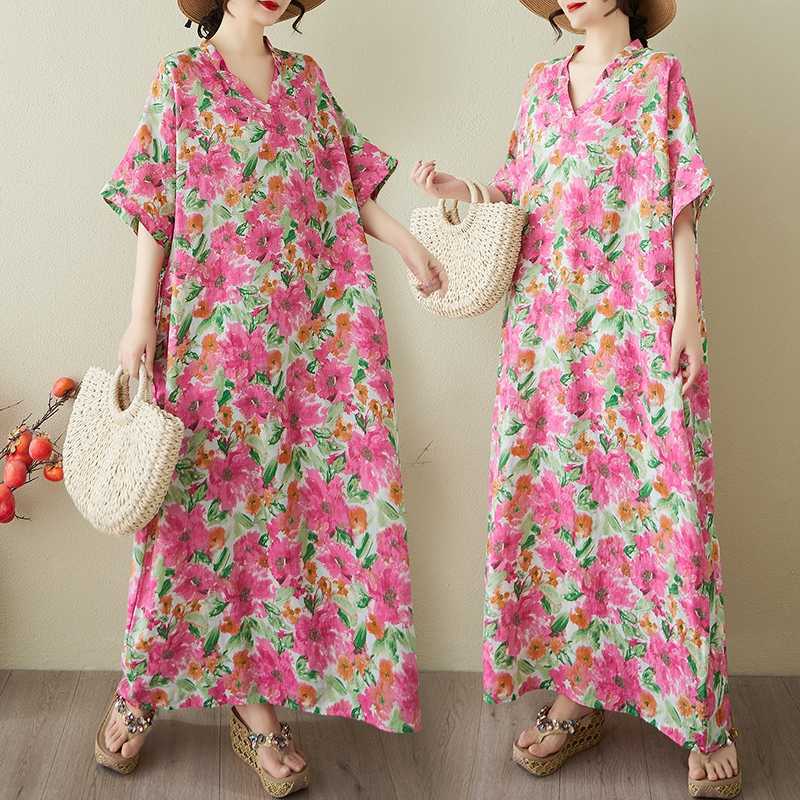 Women's Vintage Long Dress with Cotton and Linen Patterns