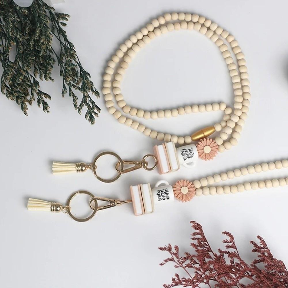 Fashion Wood Beaded Lanyard with ID Holder Pink Daisy Beads Teacher Lanyard with Tassel ID Holder Strap Women