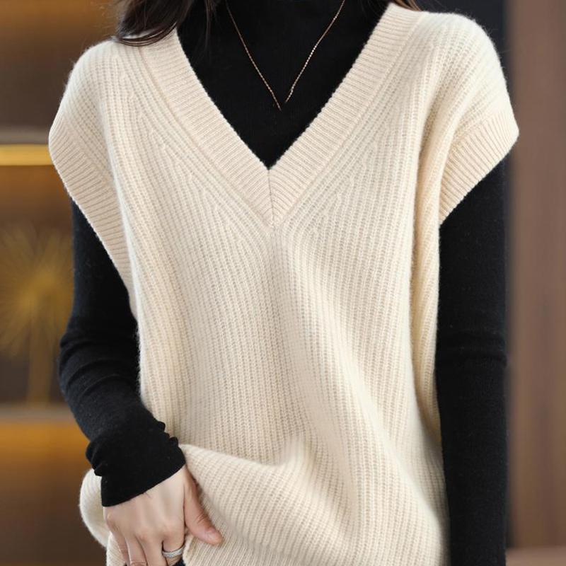 Jesienny Zimowy Dzianinowy Kamizelka Damska Dekolt V Koszulka Luźny Wszechstronny Bez Rękawów Dzianinowy Sweter Pulower