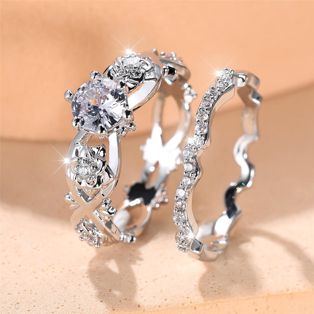Crystal Female White Zircon Flower Ring Set Fashion Vintage Silver Color Bridal Wedding Engagement For Women