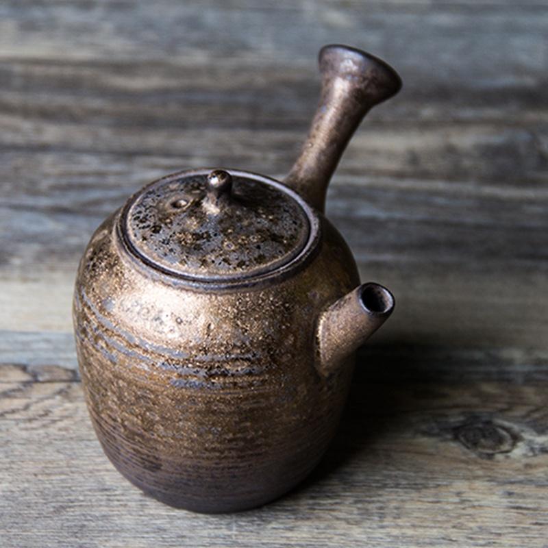 220ml Gilded Ceramic Side Handle Teapot Japanese Retro Coarse Pottery Filter Kung Fu Tea Set