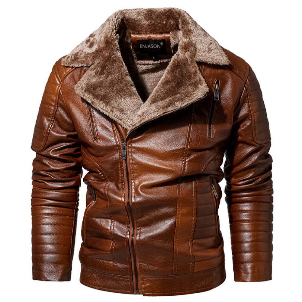 

Men s Plus-Size European and American Style Fleece-Lined PU Leather Jacket - One-Piece Fur Design for Winter 6XL коричневий
