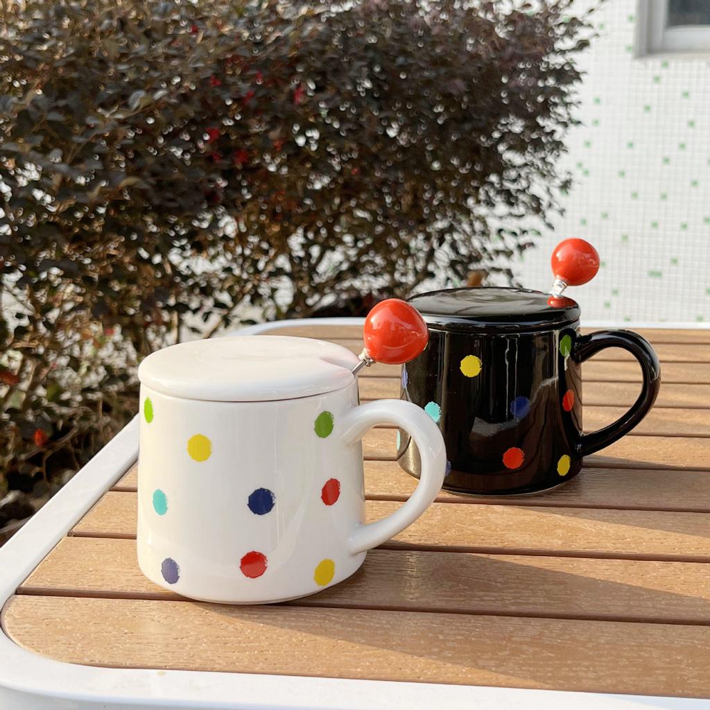 Korean Colored Mug with Lid Spoon High End Ceramic Cup Household Water Cup Living Room High Value Coffee Cup